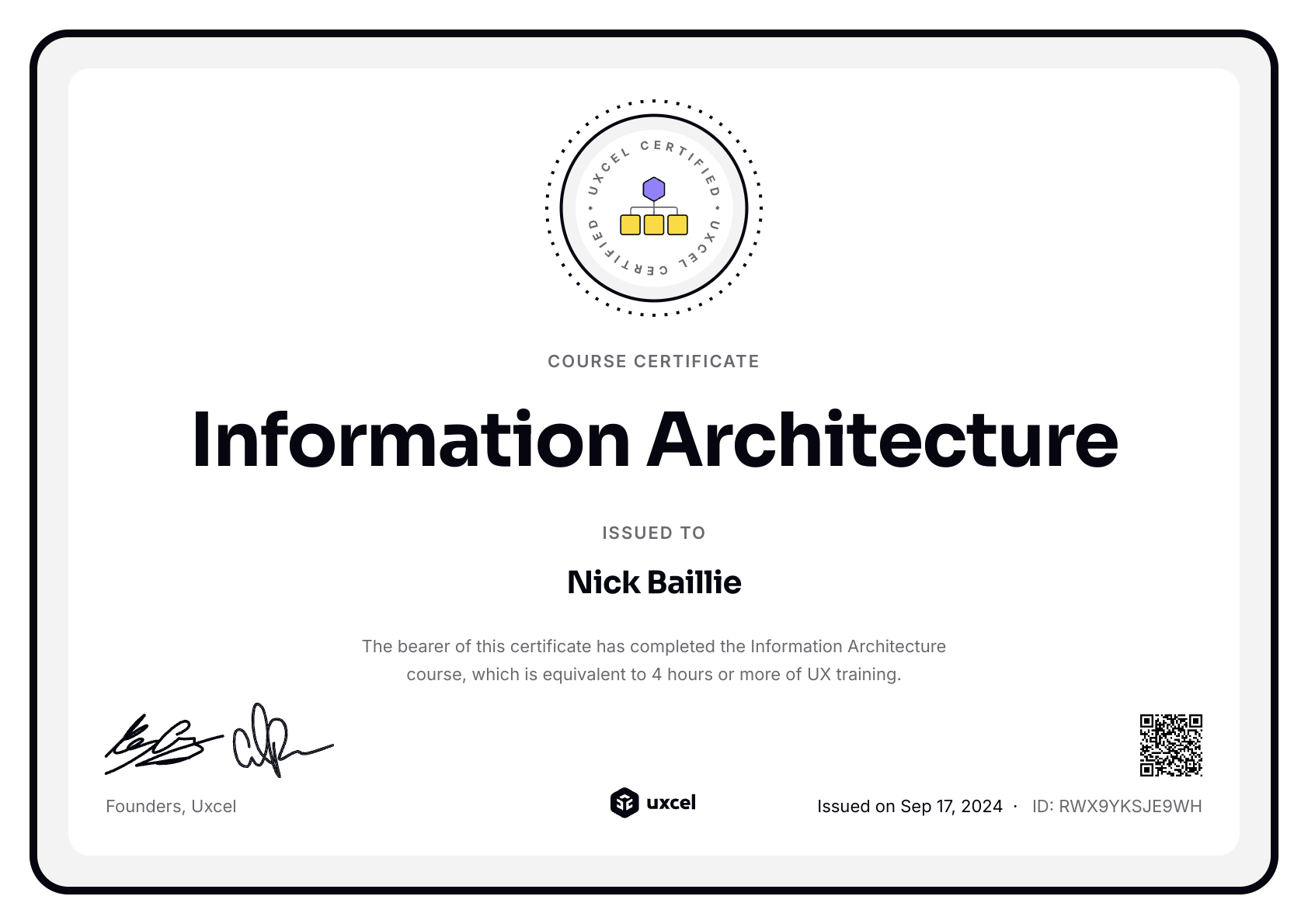 Nick Baillie's certificate